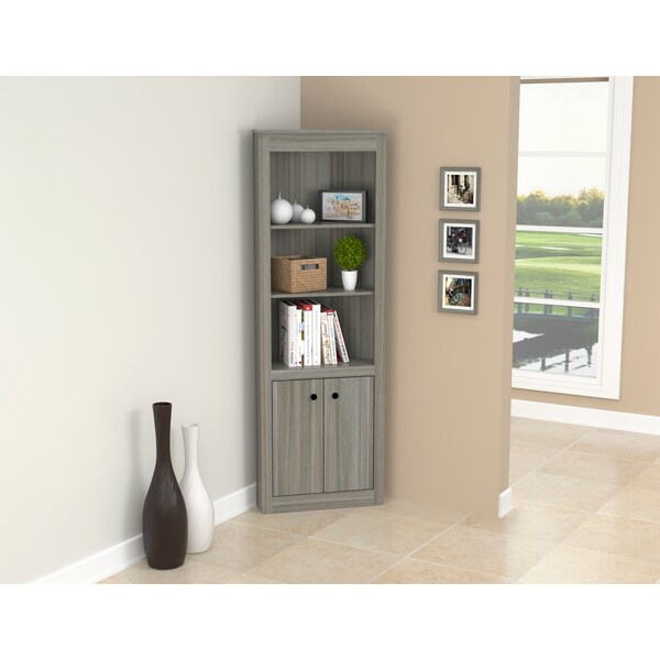 Corner Bookshelf Wall Unit 70.02 in. H 5-shelf with Closed Storage in Smoke Oak